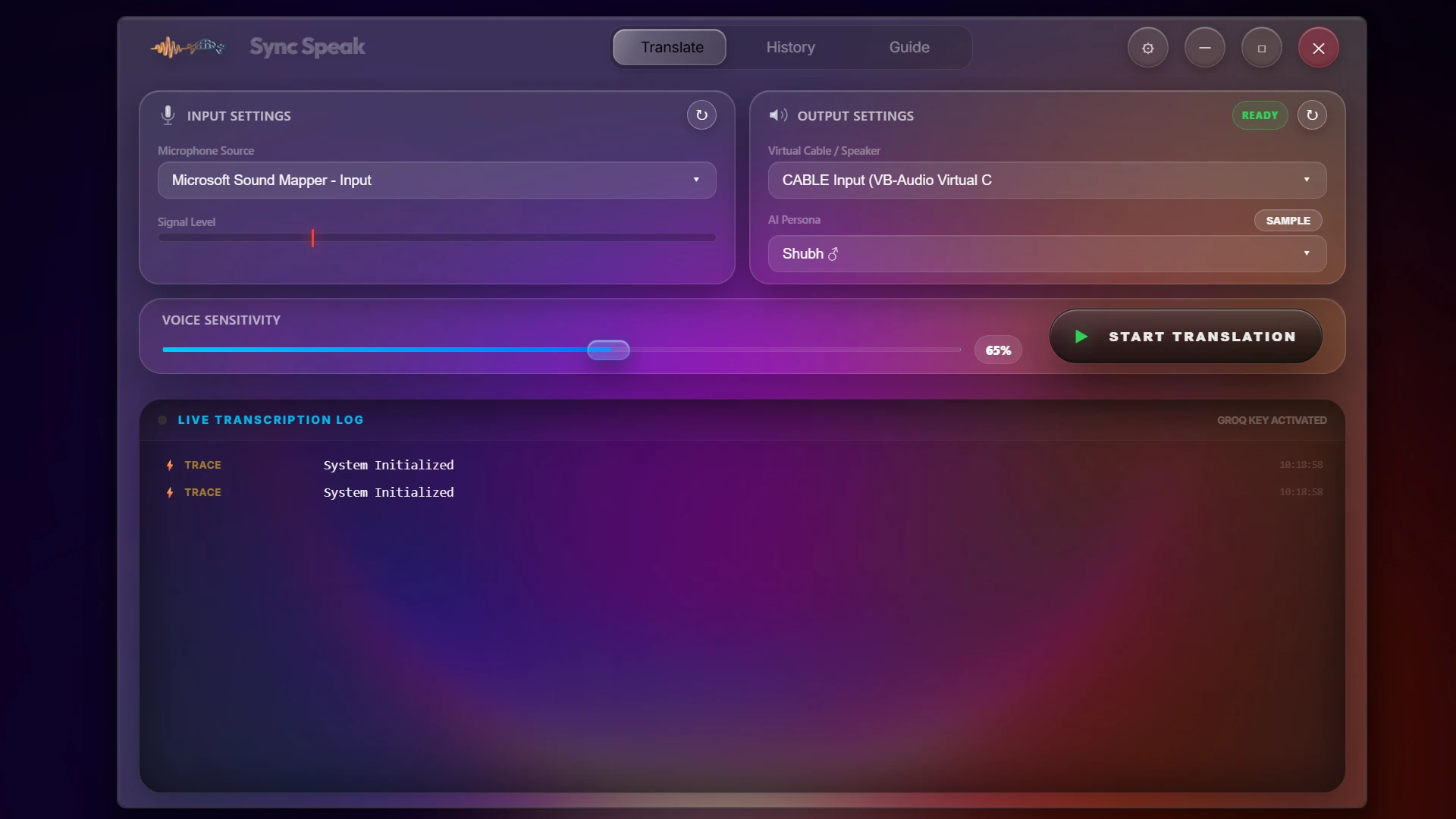 Sync Speak Translate screen