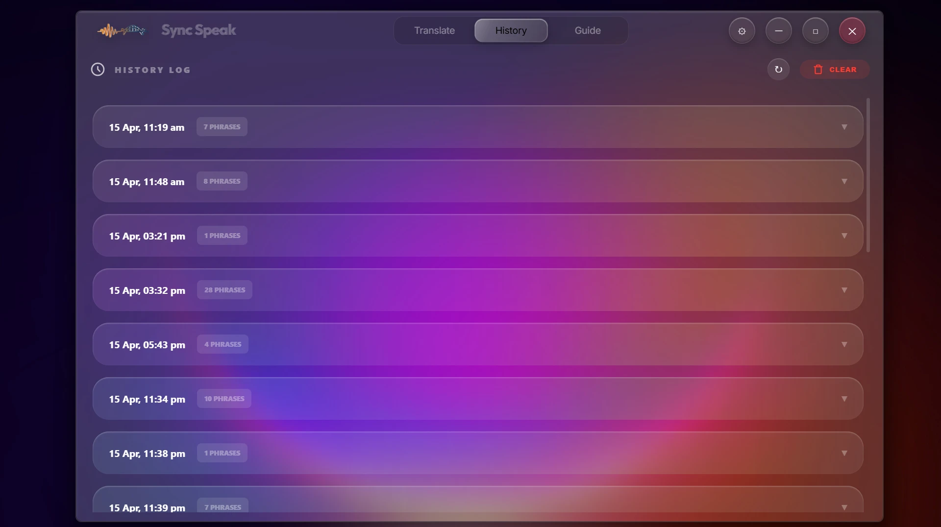 Sync Speak History screen