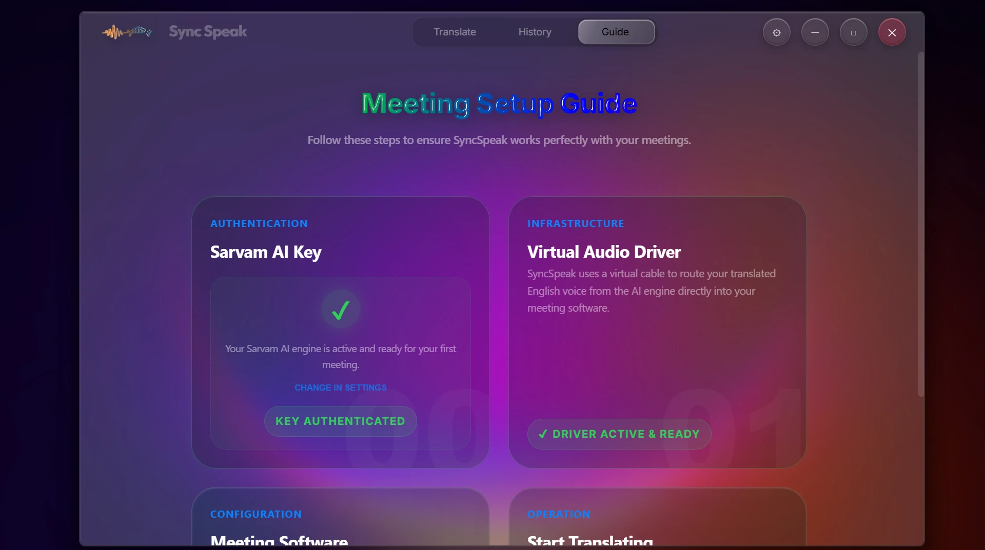 Sync Speak Guide screen