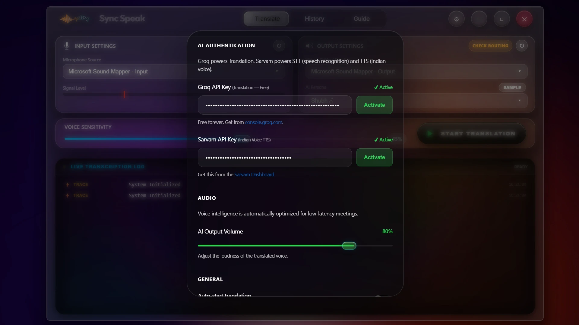 Sync Speak Settings screen